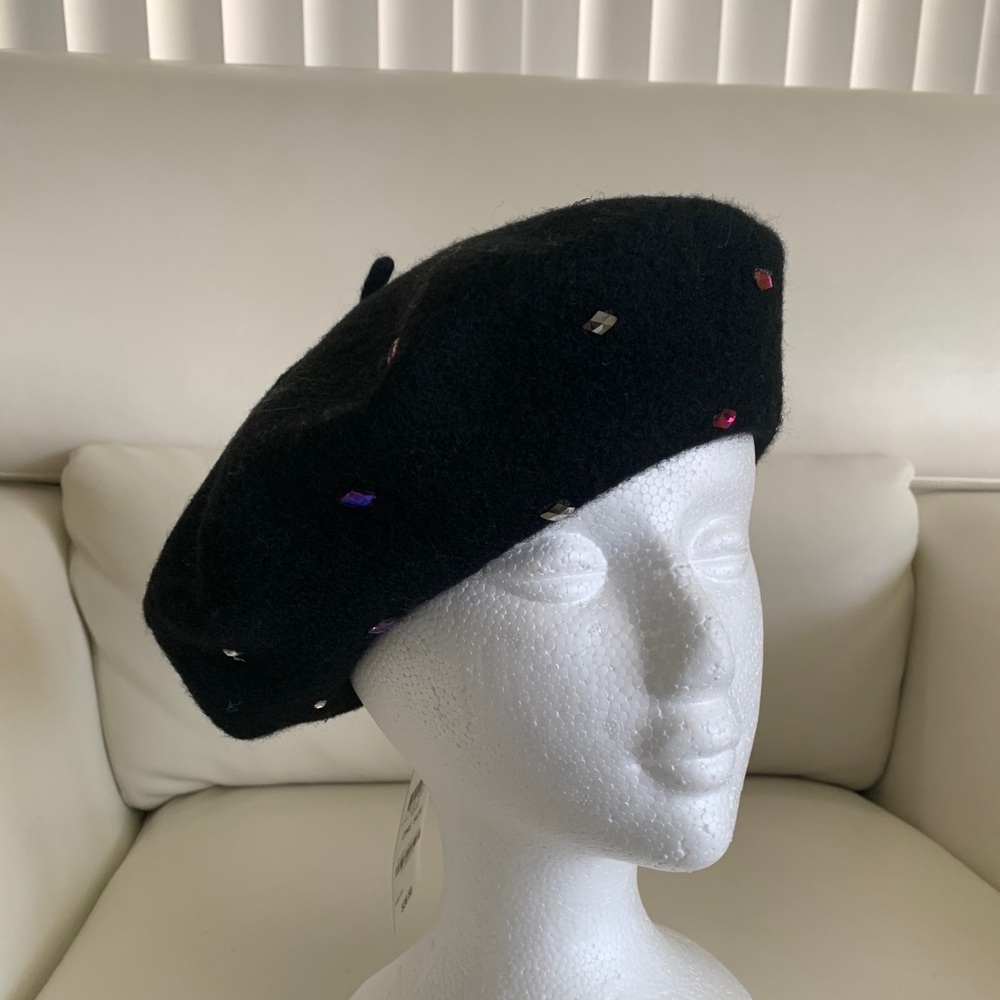 Inc Beret with Multi Colored Crystals In Black
